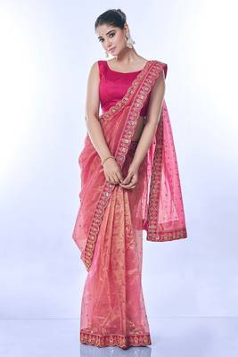 Pink golden net partywear sequins embroidery work ethnic saree 4
