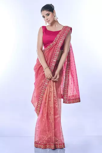 Pink golden net partywear sequins embroidery work ethnic saree