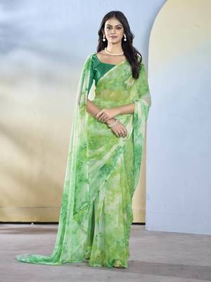 Sea green georgette c printed saree 5