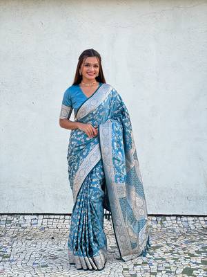 Blue faux banarasi silk blend wevon zari rich looks partywear saree 4