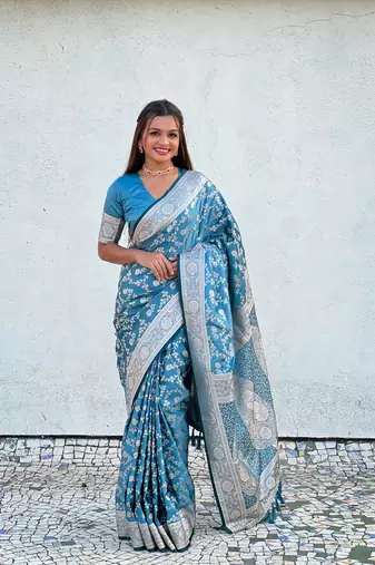 Blue faux banarasi silk blend wevon zari rich looks partywear saree