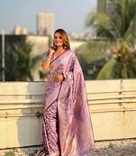 Purple banarasi silk wevon jari designer rich looks partywear saree