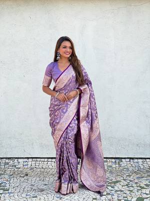 Purple faux banarasi silk blend wevon zari rich looks partywear saree 4