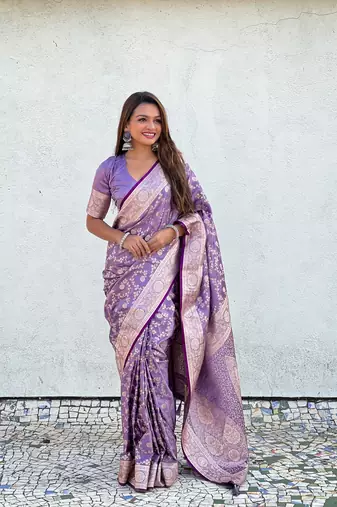 Purple faux banarasi silk blend wevon zari rich looks partywear saree