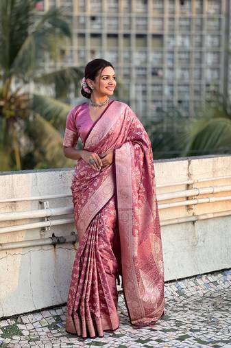 Pink banarasi silk wevon jari designer rich looks partywear saree