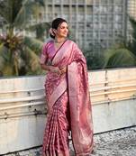 Pink banarasi silk wevon jari designer rich looks partywear saree