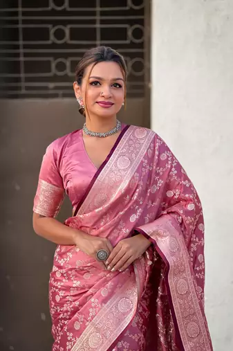 Pink faux banarasi silk blend wevon zari rich looks partywear saree