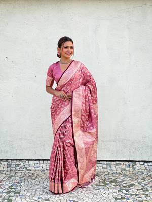 Pink faux banarasi silk blend wevon zari rich looks partywear saree 3