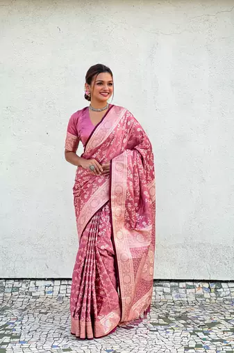 Pink faux banarasi silk blend wevon zari rich looks partywear saree