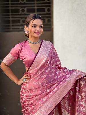 Pink faux banarasi silk blend wevon zari rich looks partywear saree 4