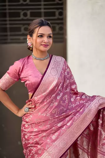 Pink faux banarasi silk blend wevon zari rich looks partywear saree
