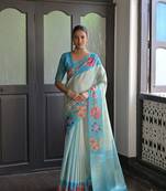  firozi soft silk classy rich woven printed saree
