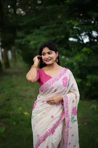 Rich looks floral printed off white muga cotton saree sophisticated looks