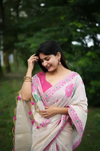 Rich looks floral printed off white muga cotton saree sophisticated looks