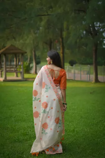 Rich looks floral printed off white muga cotton saree sophisticated looks