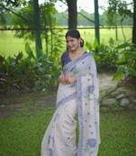 Rich looks floral printed off white muga cotton saree for sophisticated looks