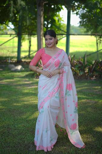 Rich looks floral printed off white muga cotton saree for sophisticated looks