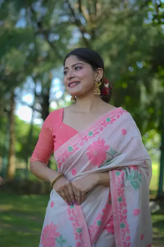 Rich looks floral printed off white muga cotton saree sophisticated looks