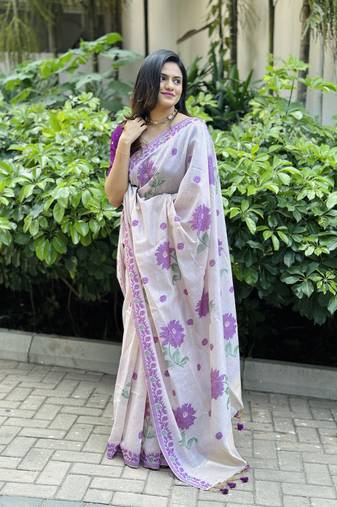 Rich looks floral printed off white muga cotton saree for sophisticated looks