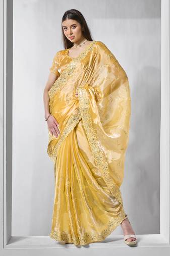 Yellow burburry c bollywood style designer embroidery work evening party saree