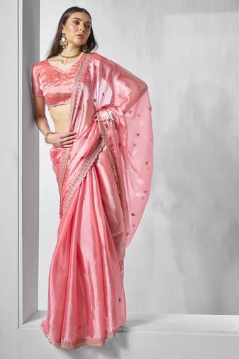 Coral burburry c bollywood style designer embroidery work evening party saree