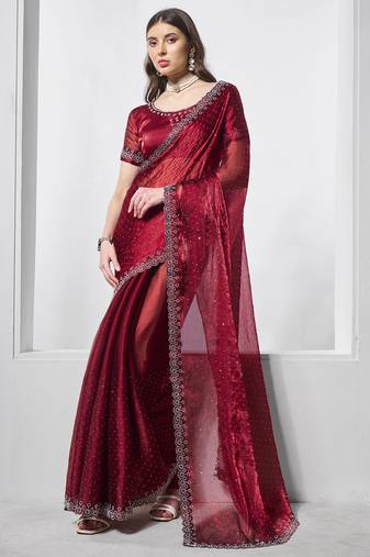 Maroon burburry c bollywood style swarovski designer work evening party saree