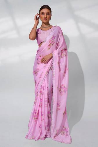Pink satin shimmer c designer printed graceful bollywood style party saree