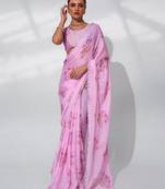 Pink satin shimmer c designer printed graceful bollywood style party saree