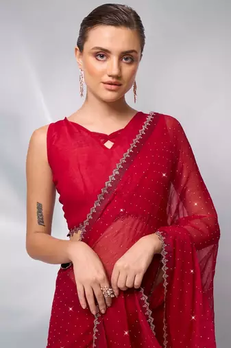 Red moss c swarovski graceful style party saree