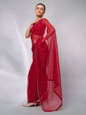 Red moss c swarovski graceful style party saree 5