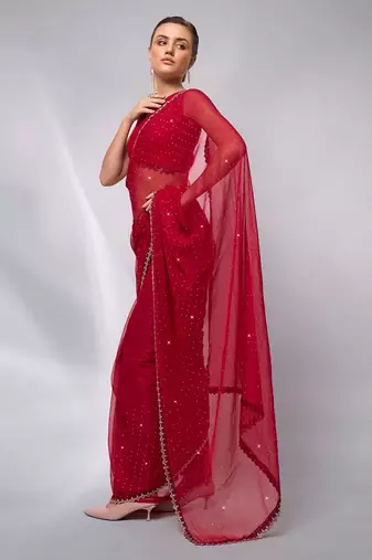 Red moss c swarovski graceful style party saree