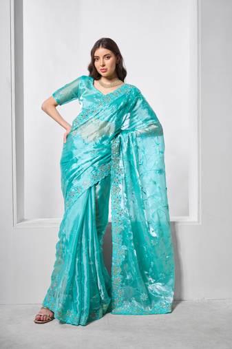Blue burburry c bollywood style designer embroidery work evening party saree