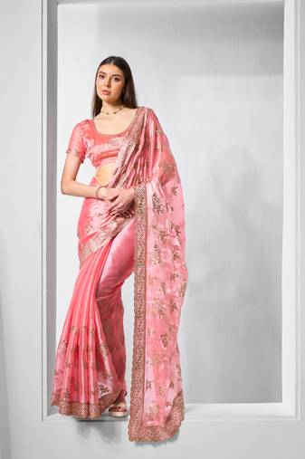 Coral burburry c bollywood style designer embroidery work evening party saree