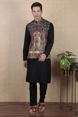 Blue color beautiful khadi silk digital printed men's traditional koti 1