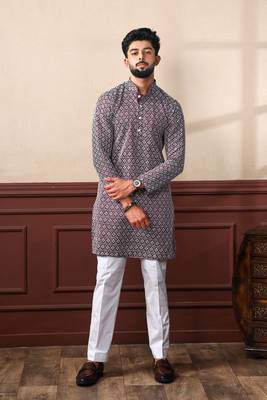 Wine smart chikankari embroidery work men's festive kurta payjama 1