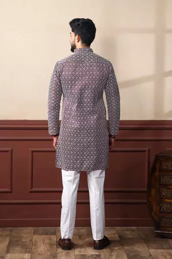 Wine smart chikankari embroidery work men's festive kurta payjama
