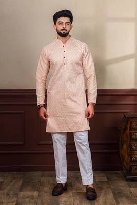 Peach smart chikankari embroidery work men's festive kurta payjama 1