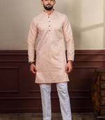 Peach smart designer chikankari embroidery work men's festive kurta payjama