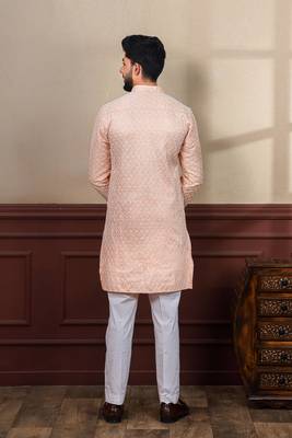Peach smart chikankari embroidery work men's festive kurta payjama 2