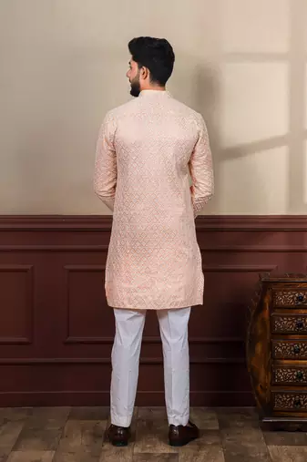 Peach smart chikankari embroidery work men's festive kurta payjama
