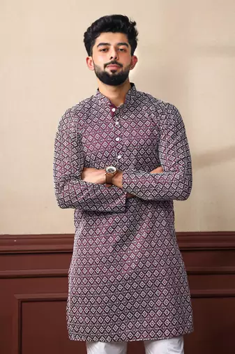 Wine smart chikankari embroidery work men's festive kurta payjama