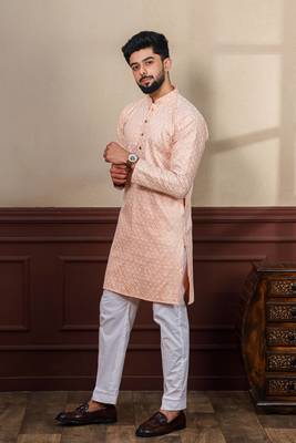 Peach smart chikankari embroidery work men's festive kurta payjama 3