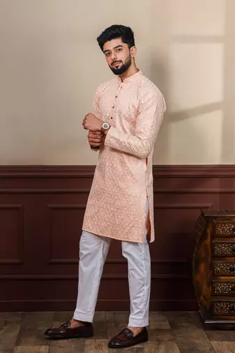 Peach smart chikankari embroidery work men's festive kurta payjama
