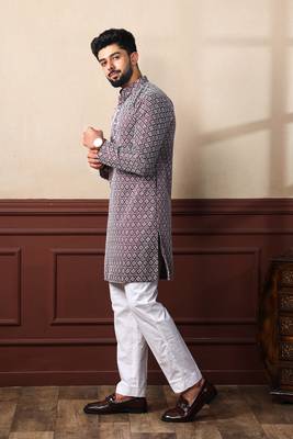Wine smart chikankari embroidery work men's festive kurta payjama 4