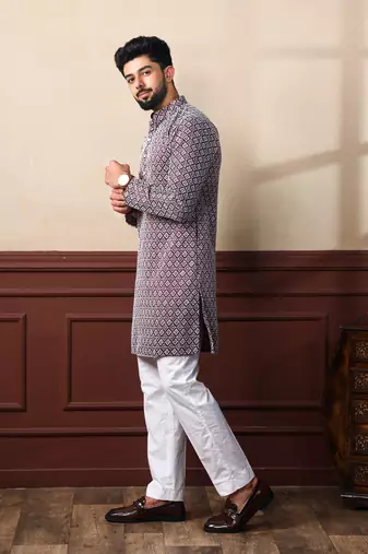 Wine smart chikankari embroidery work men's festive kurta payjama