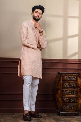 Peach smart chikankari embroidery work men's festive kurta payjama 4