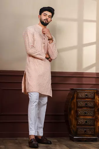 Peach smart chikankari embroidery work men's festive kurta payjama