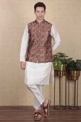Maroon color beautiful khadi silk digital printed men's traditional koti 1