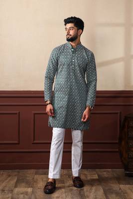 Green smart chikankari embroidery work men's festive kurta payjama 1