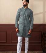 Green smart designer chikankari embroidery work men's festive kurta payjama